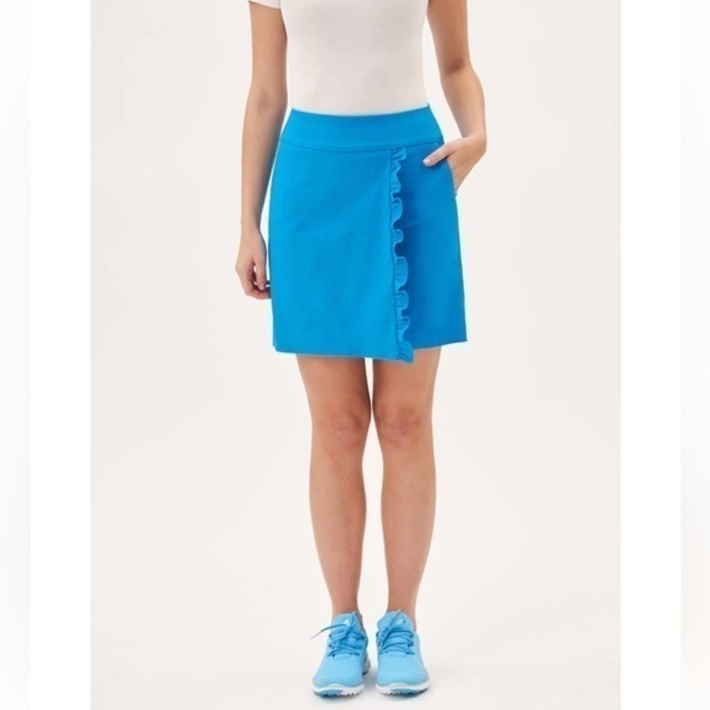 Swing Control Basics Blue Ruffle Golf Skort in Hawaiian Surf Skirt